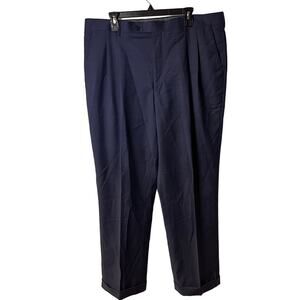 Paul Fredrick Blue Wool Stretch Pleated Cuffed-Hem Pant Size 40W